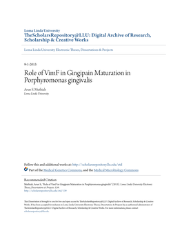 Role of Vimf in Gingipain Maturation in Porphyromonas Gingivalis Arun S