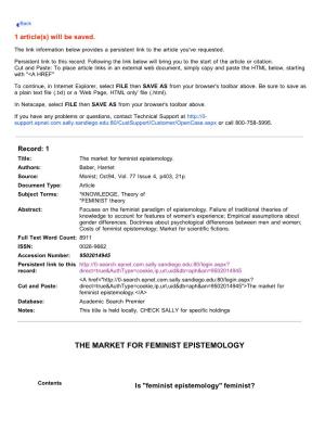 The Market for Feminist Epistemology