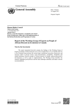 Report of the Working Group of Experts on People of African Descent on Its Mission to Canada