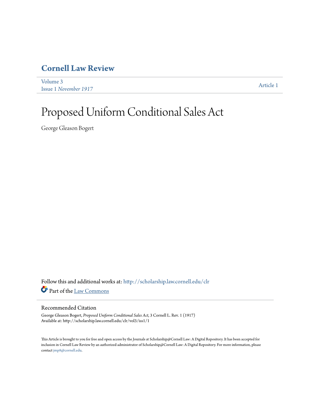 Proposed Uniform Conditional Sales Act George Gleason Bogert