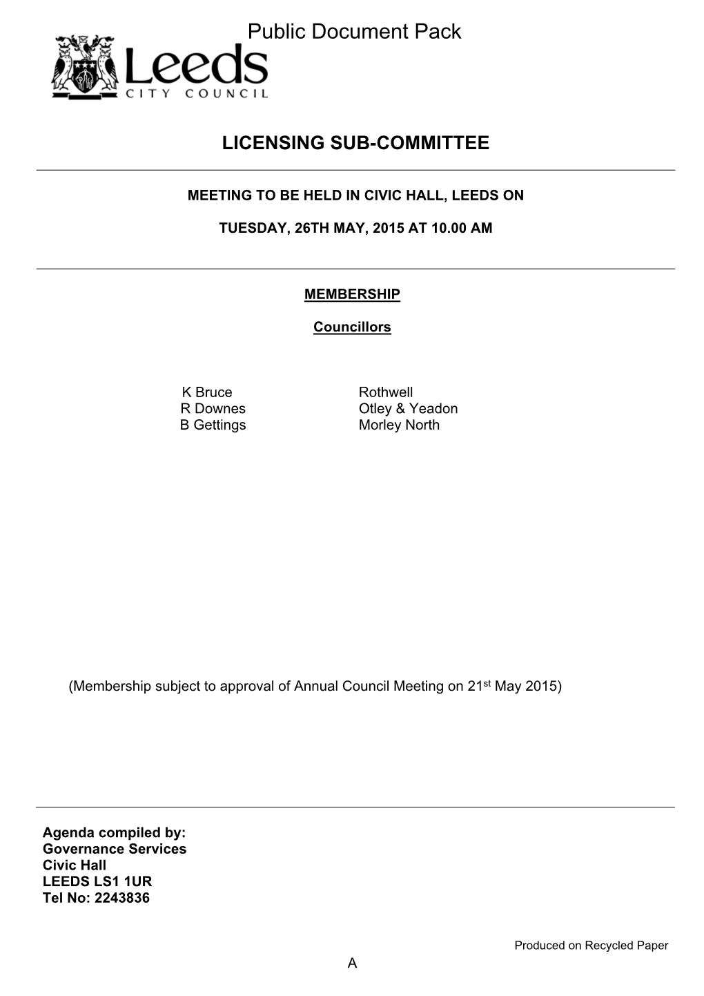 Agenda Document for Licensing Sub-Committee, 26/05/2015 10:00