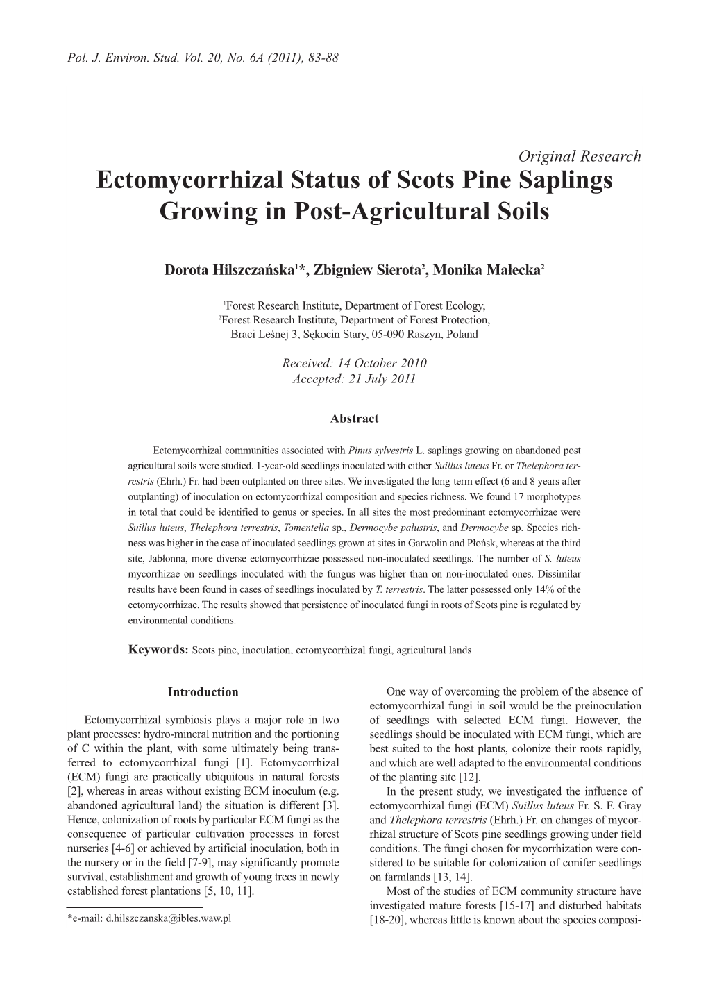 Ectomycorrhizal Status of Scots Pine Saplings Growing in Post-Agricultural Soils