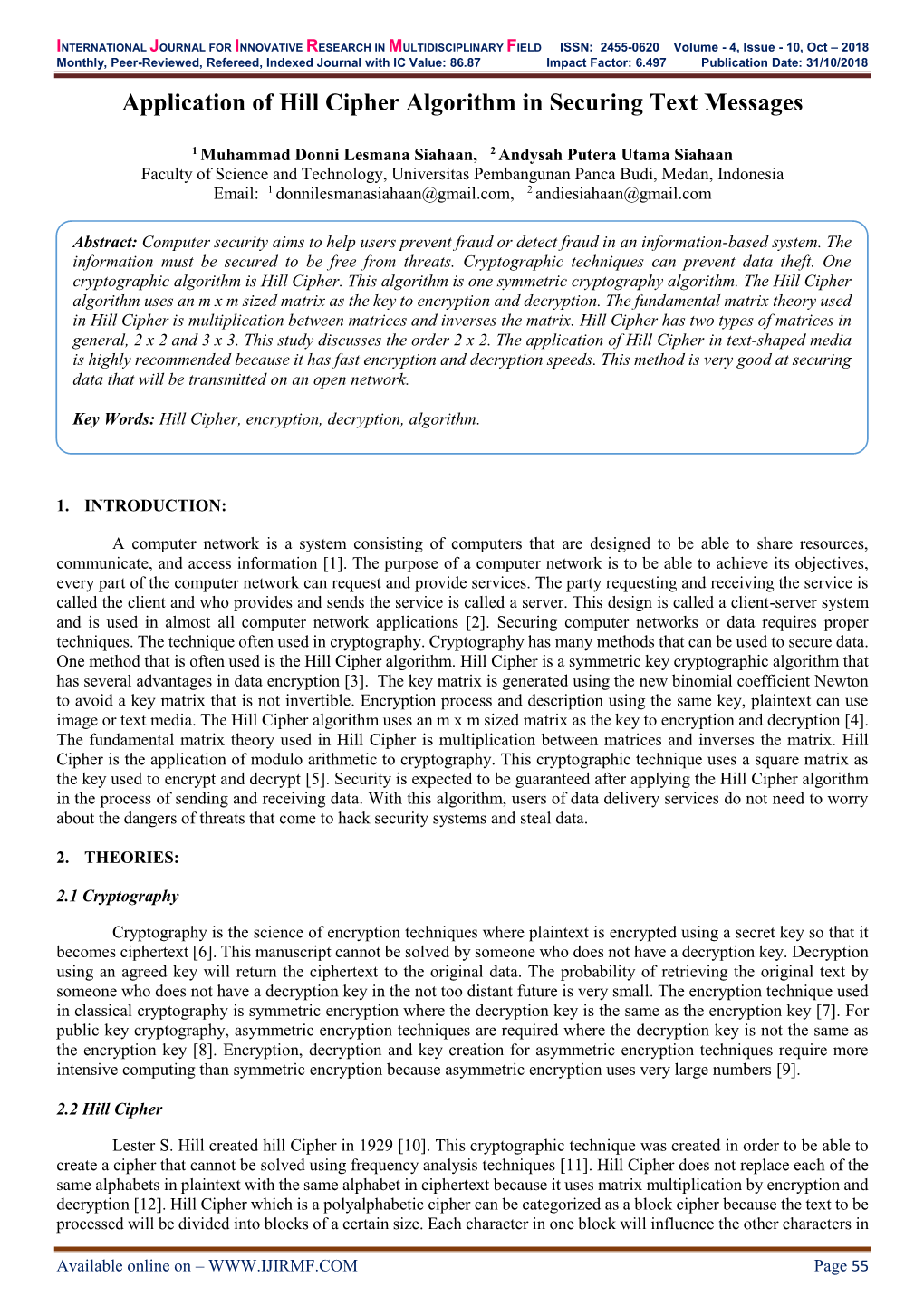 Application of Hill Cipher Algorithm in Securing Text Messages