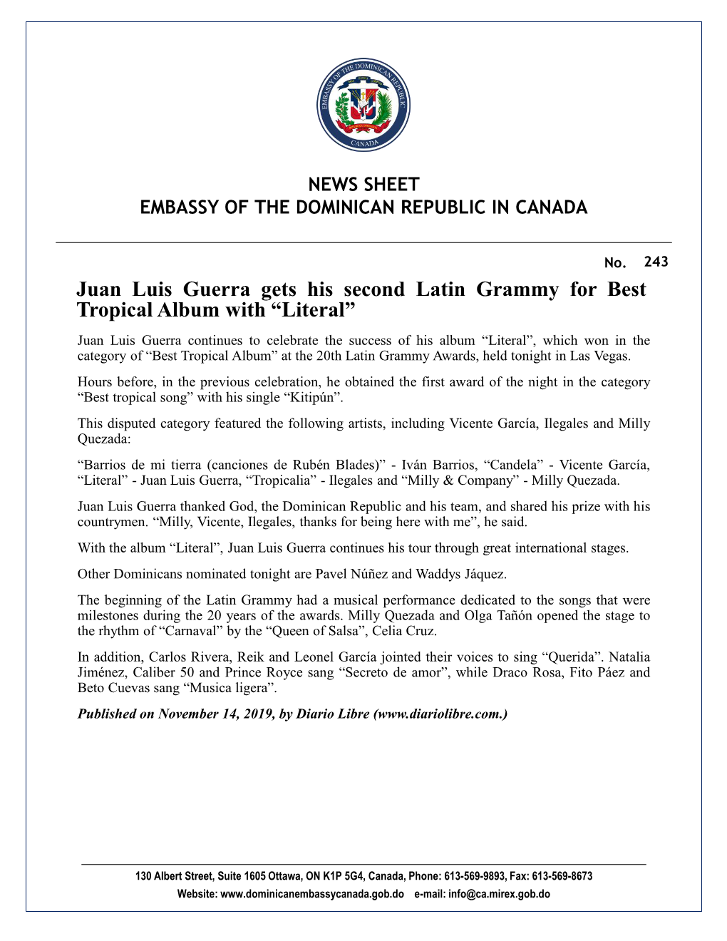 Juan Luis Guerra Gets His Second Latin Grammy for Best Tropical