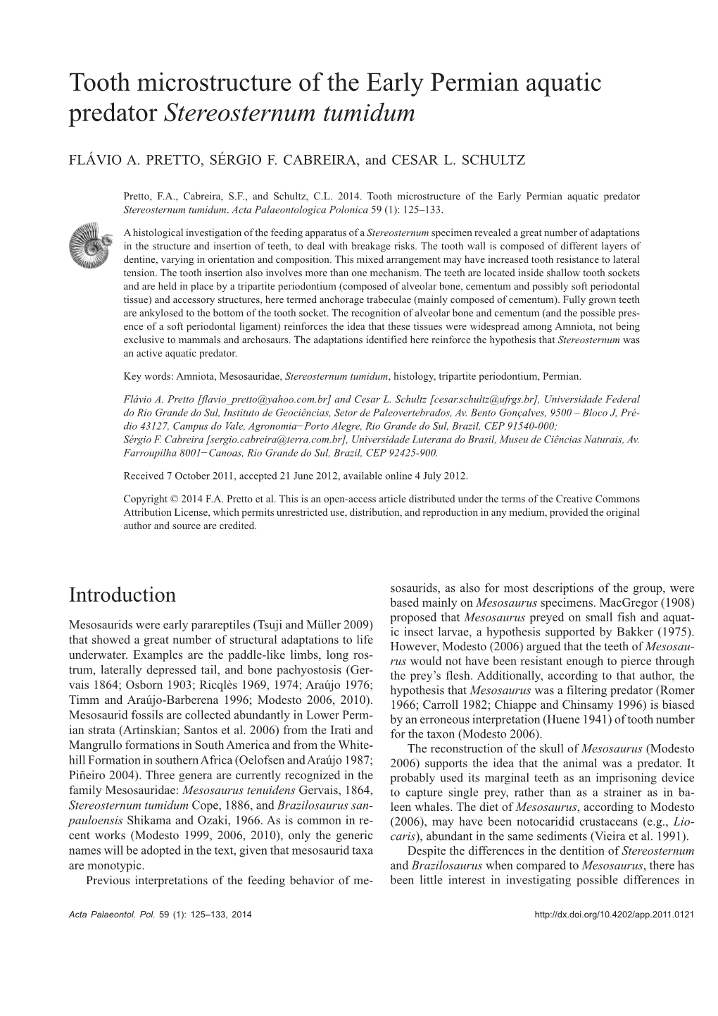 Tooth Microstructure of the Early Permian Aquatic Predator Stereosternum Tumidum