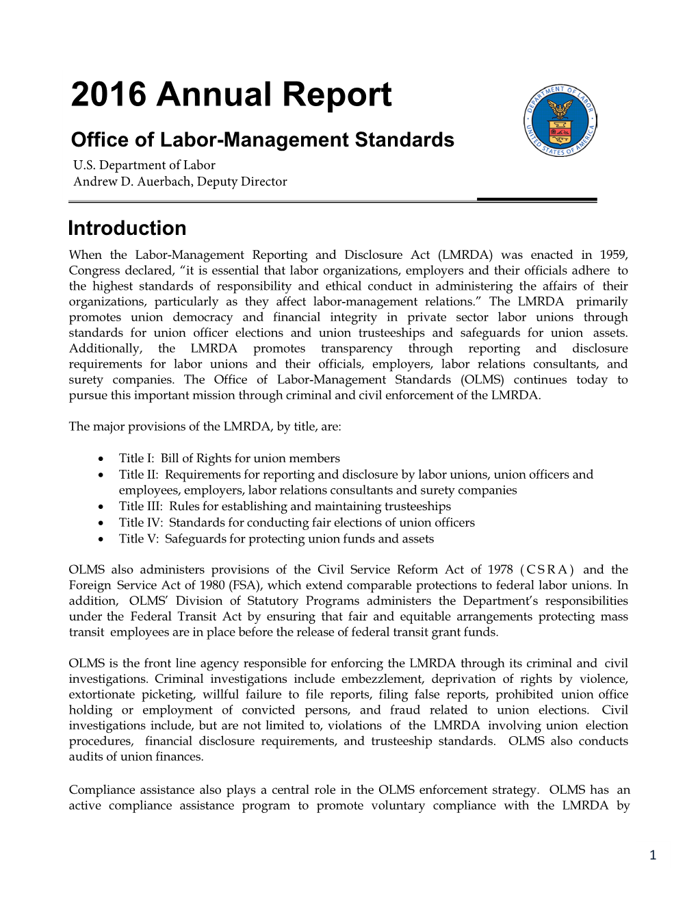 2016 Annual Report Office of Labor-Management Standards U.S