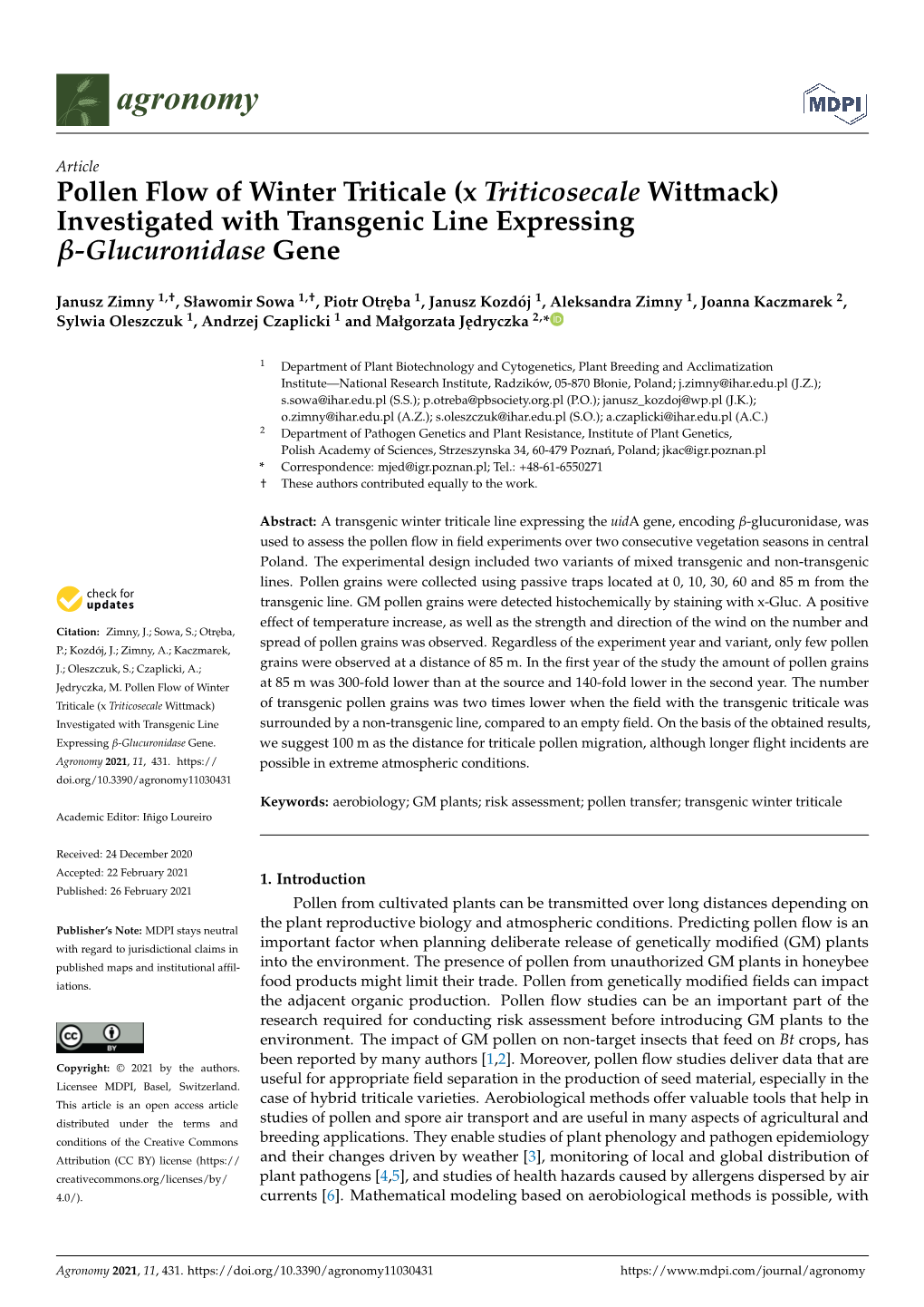 Pollen Flow of Winter Triticale (X Triticosecale Wittmack) Investigated with Transgenic Line Expressing Β-Glucuronidase Gene