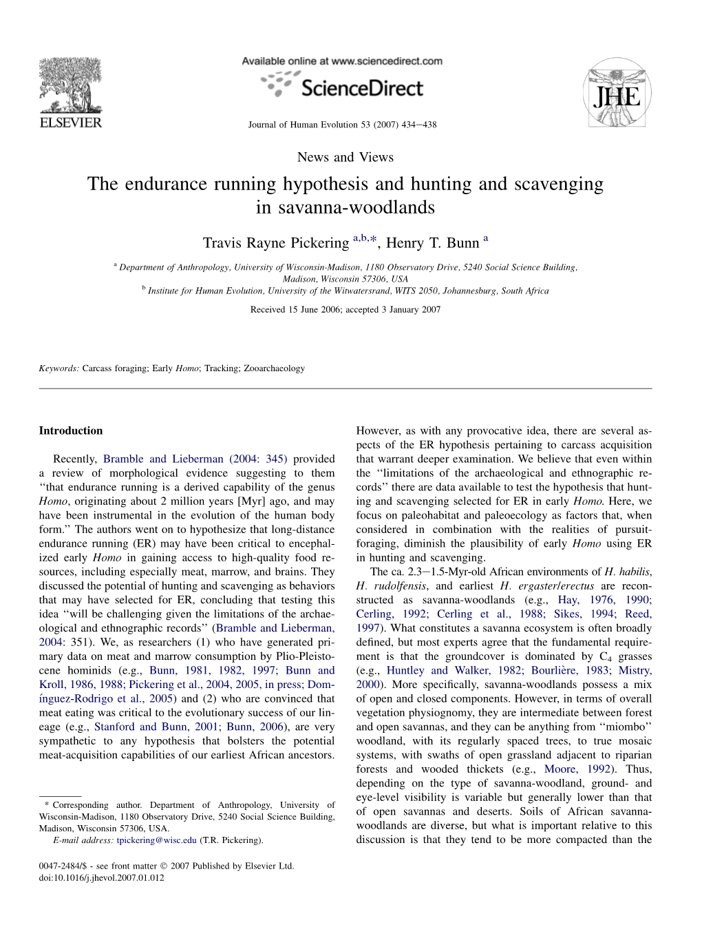 The Endurance Running Hypothesis and Hunting and Scavenging in Savanna-Woodlands