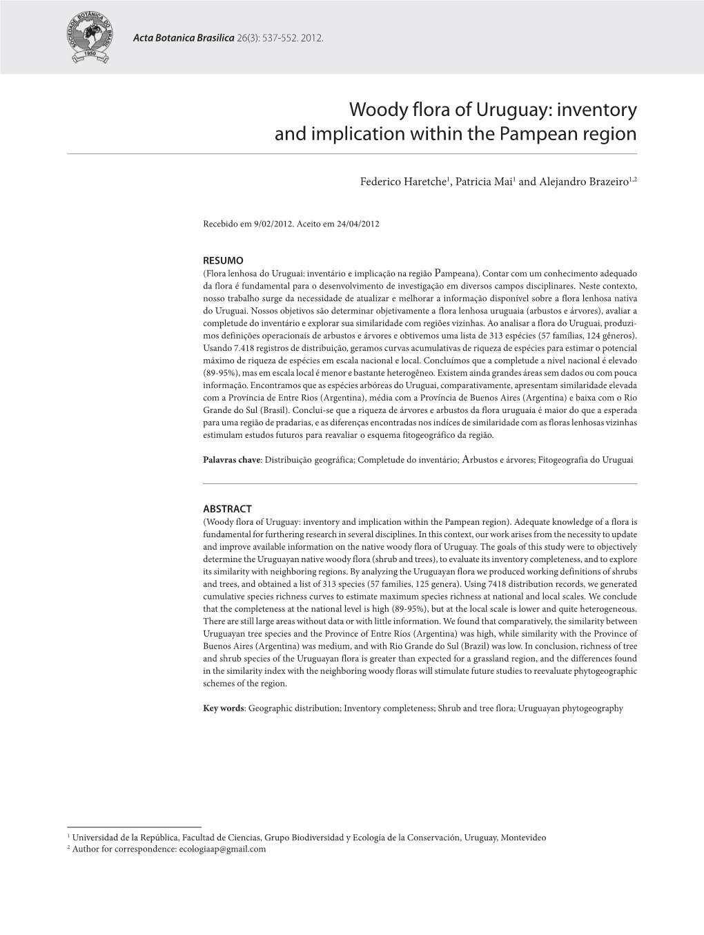 Woody Flora of Uruguay: Inventory and Implication Within the Pampean Region