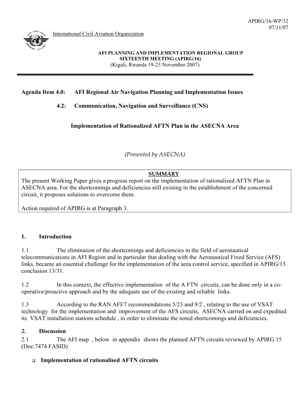 AFI Regional Air Navigation Planning and Implementation Issues