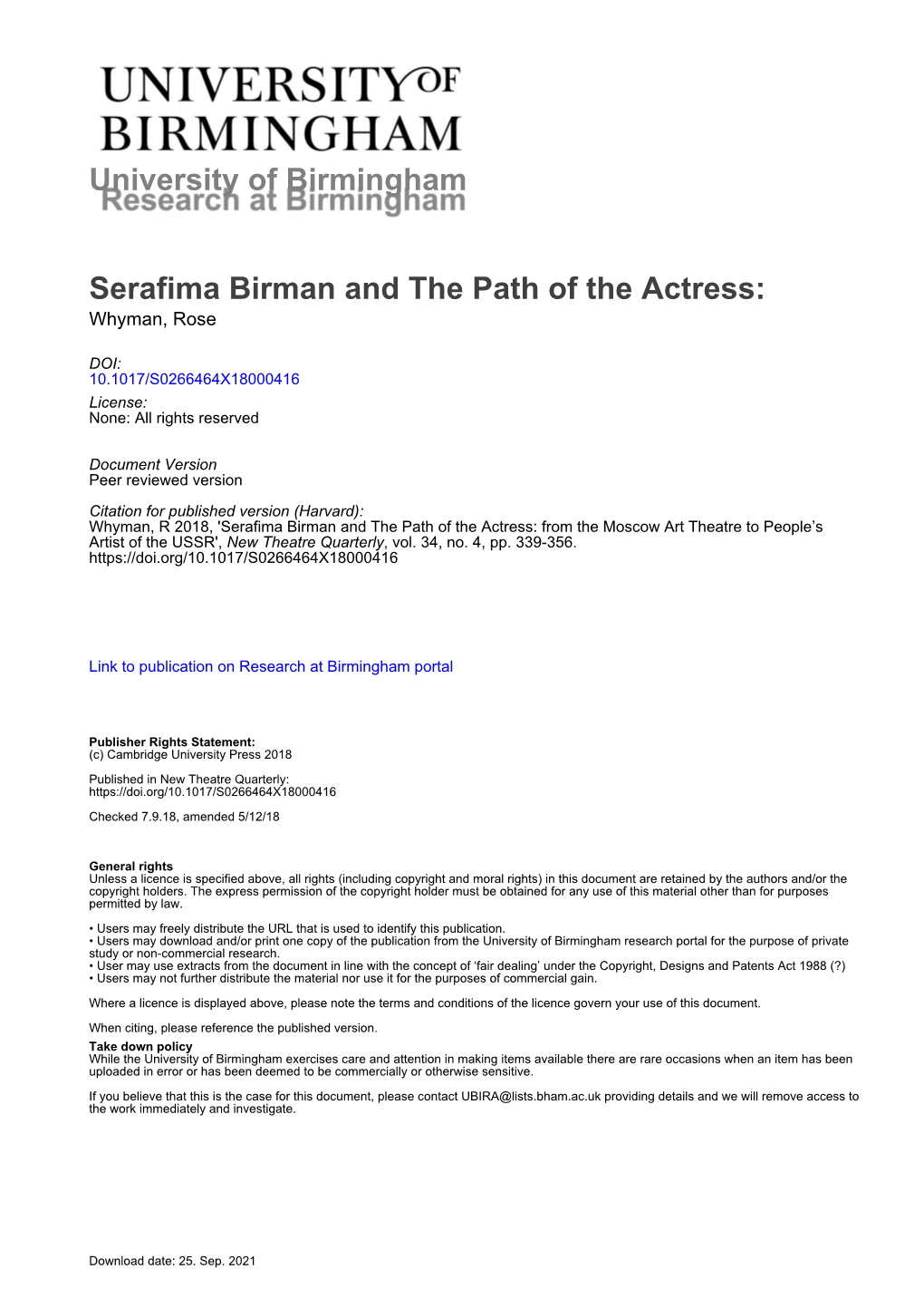 Serafima Birman and the Path of the Actress: from the Moscow Art Theatre to People’S Artist of the USSR', New Theatre Quarterly, Vol