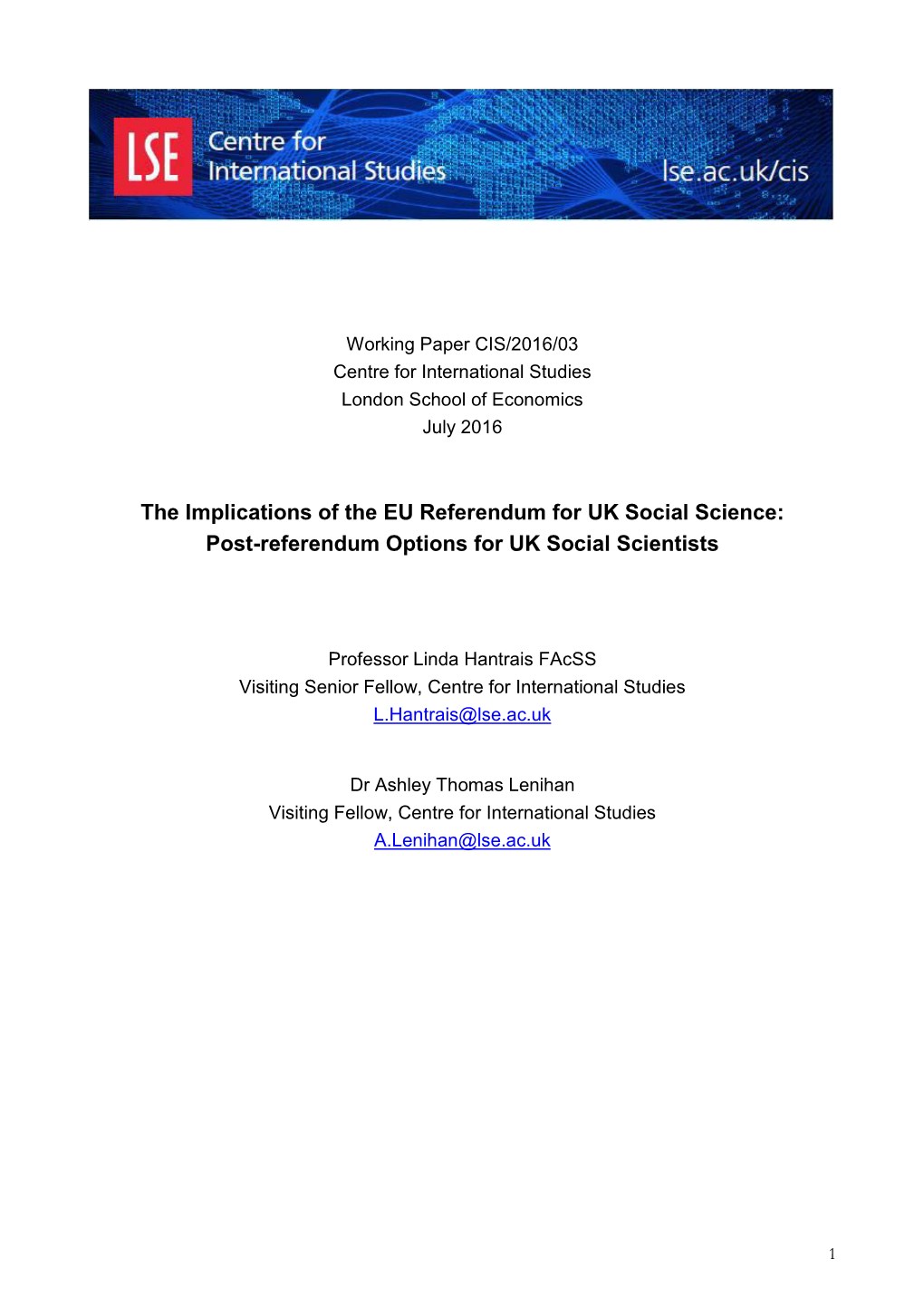 The Implications of the EU Referendum for UK Social Science: Post-Referendum Options for UK Social Scientists