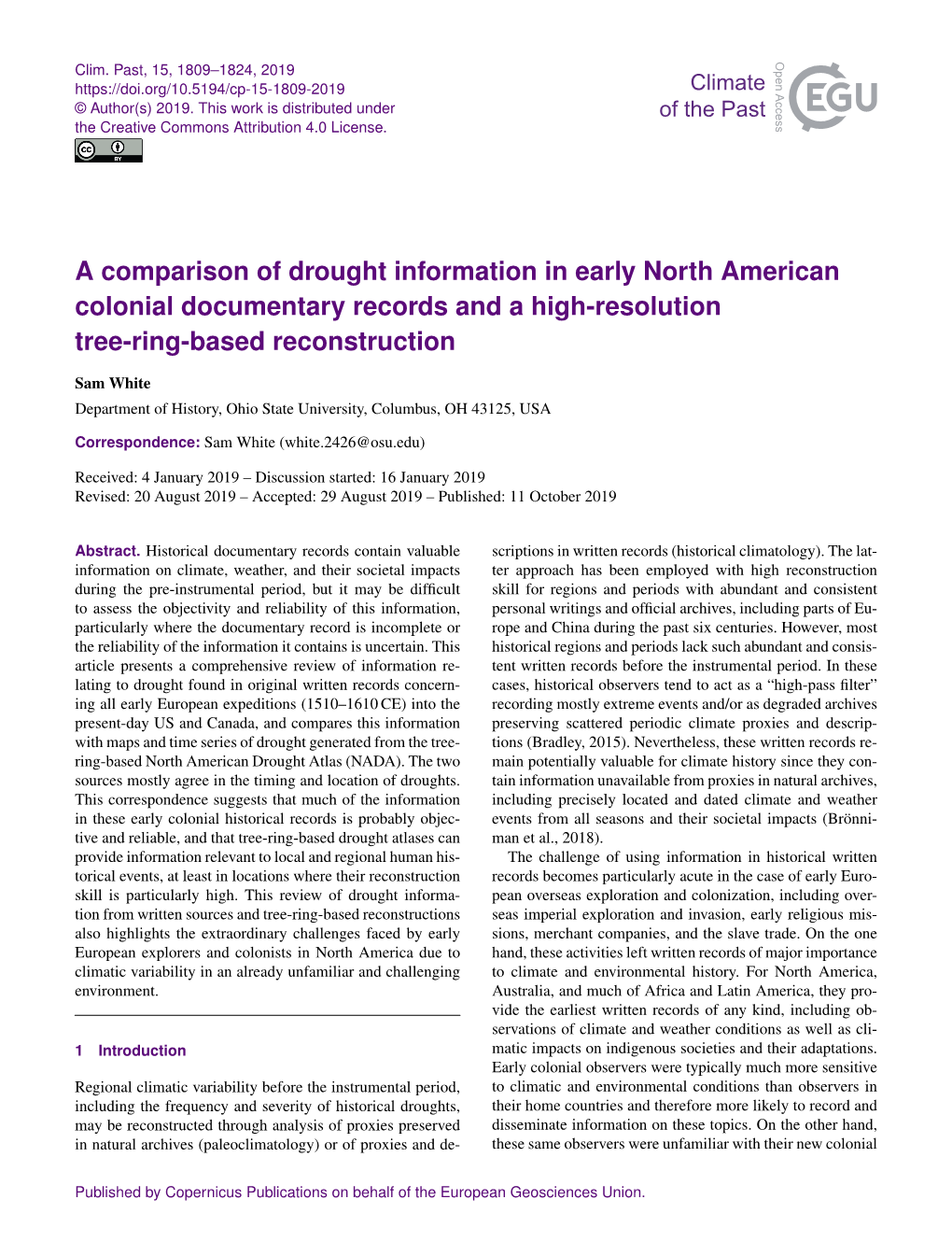 A Comparison of Drought Information in Early North American Colonial Documentary Records and a High-Resolution Tree-Ring-Based Reconstruction