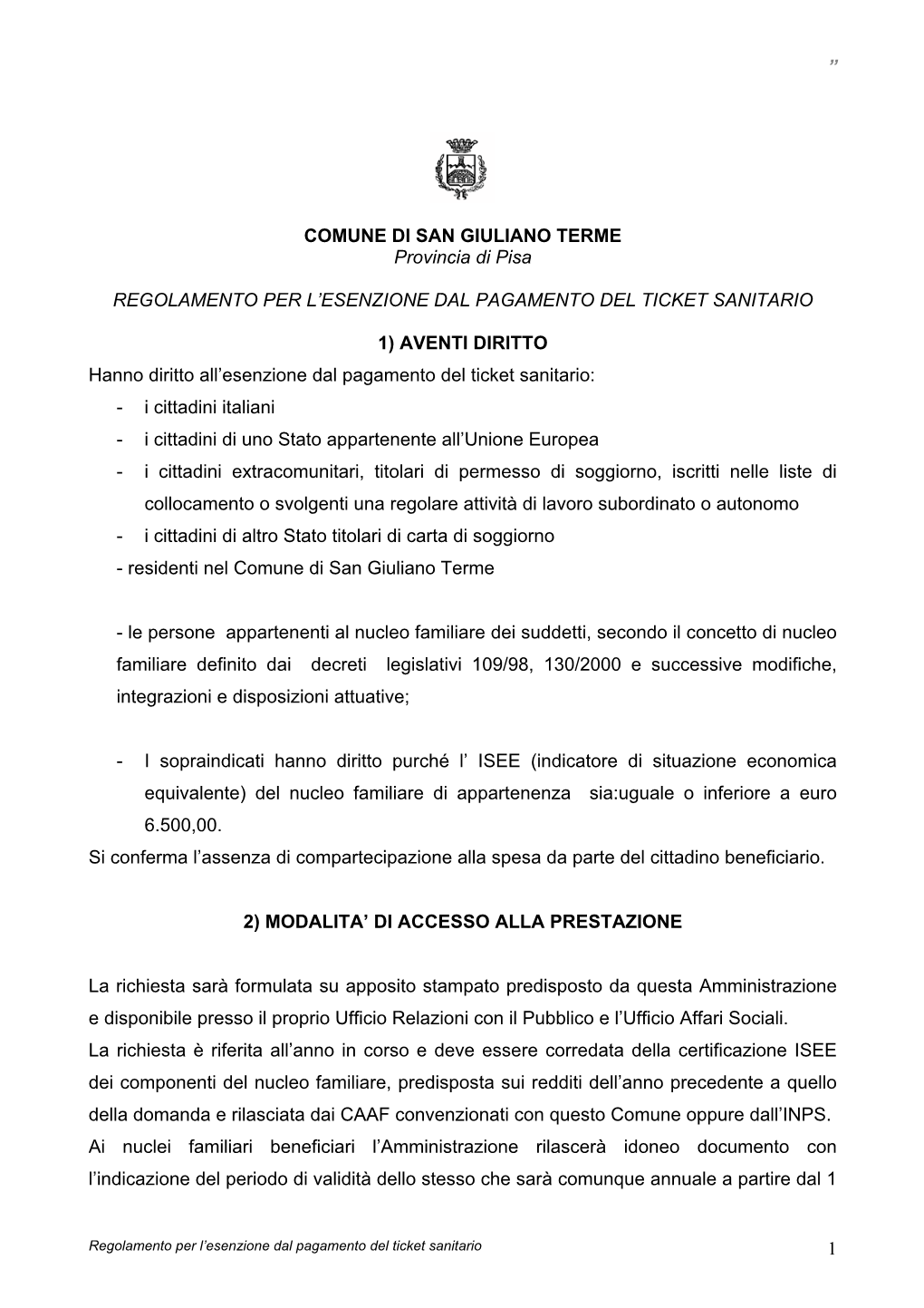 1 COMUNE DI SAN GIULIANO TERME Provincia Di Pisa