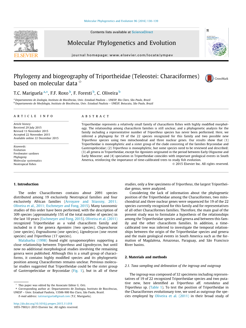 Phylogeny and Biogeography of Triportheidae (Teleostei: Characiformes) Based on Molecular Data Q ⇑ T.C