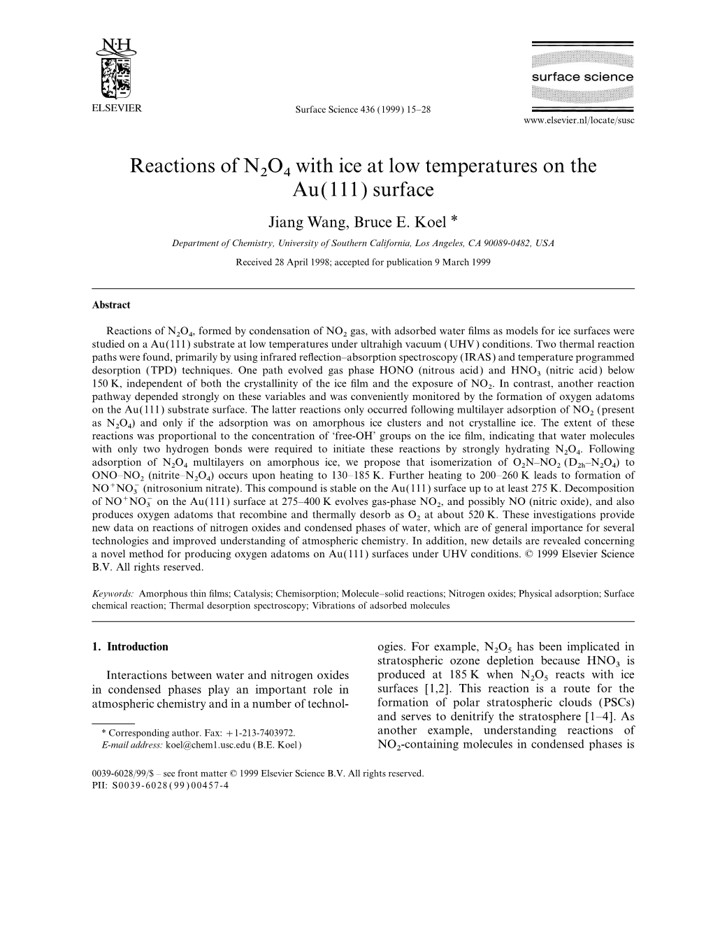 Reactions of N 2 O 4 with Ice at Low Temperatures on the Au(111) Surface