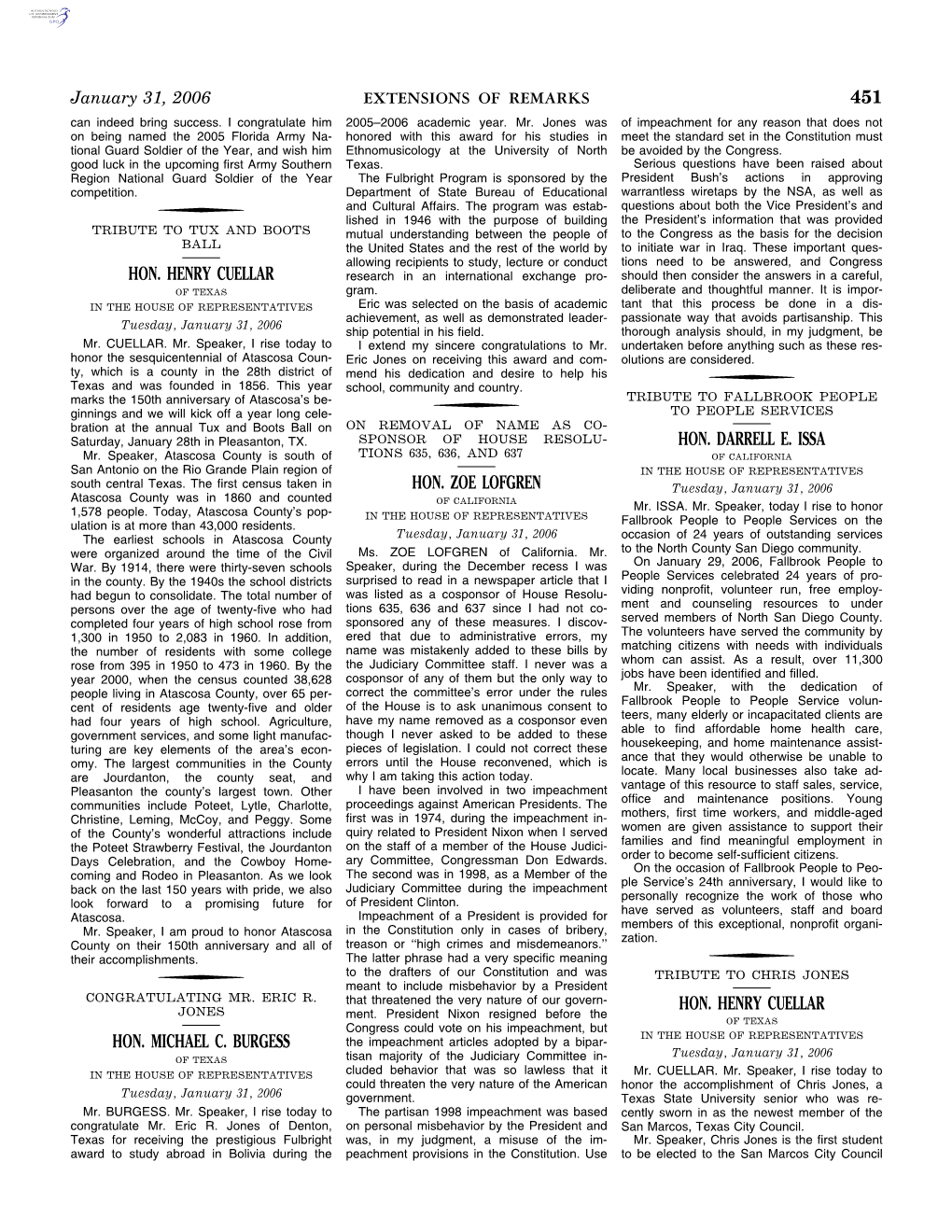 451 Hon. Henry Cuellar Hon. Michael C. Burgess Hon. Zoe Lofgren Hon. Darrell E. Issa Hon. Henry Cuellar