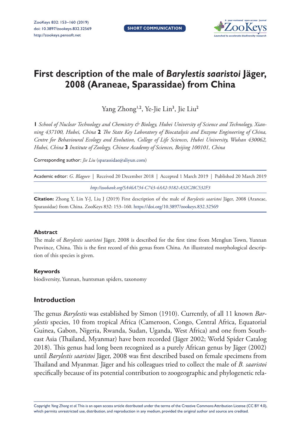 First Description of the Male of Barylestis Saaristoi Jäger, 2008 (Araneae, Sparassidae) from China