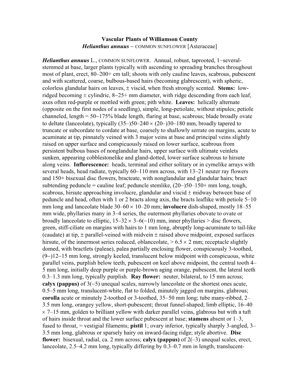 Vascular Plants of Williamson County Helianthus Annuus − COMMON SUNFLOWER [Asteraceae]