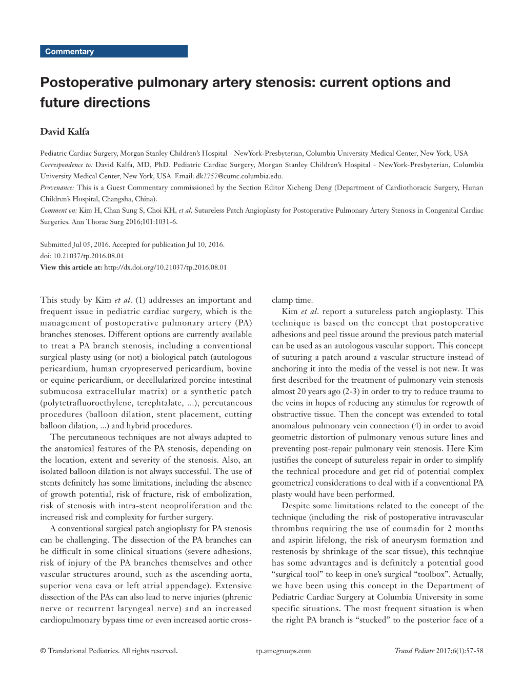 Postoperative Pulmonary Artery Stenosis: Current Options and Future Directions