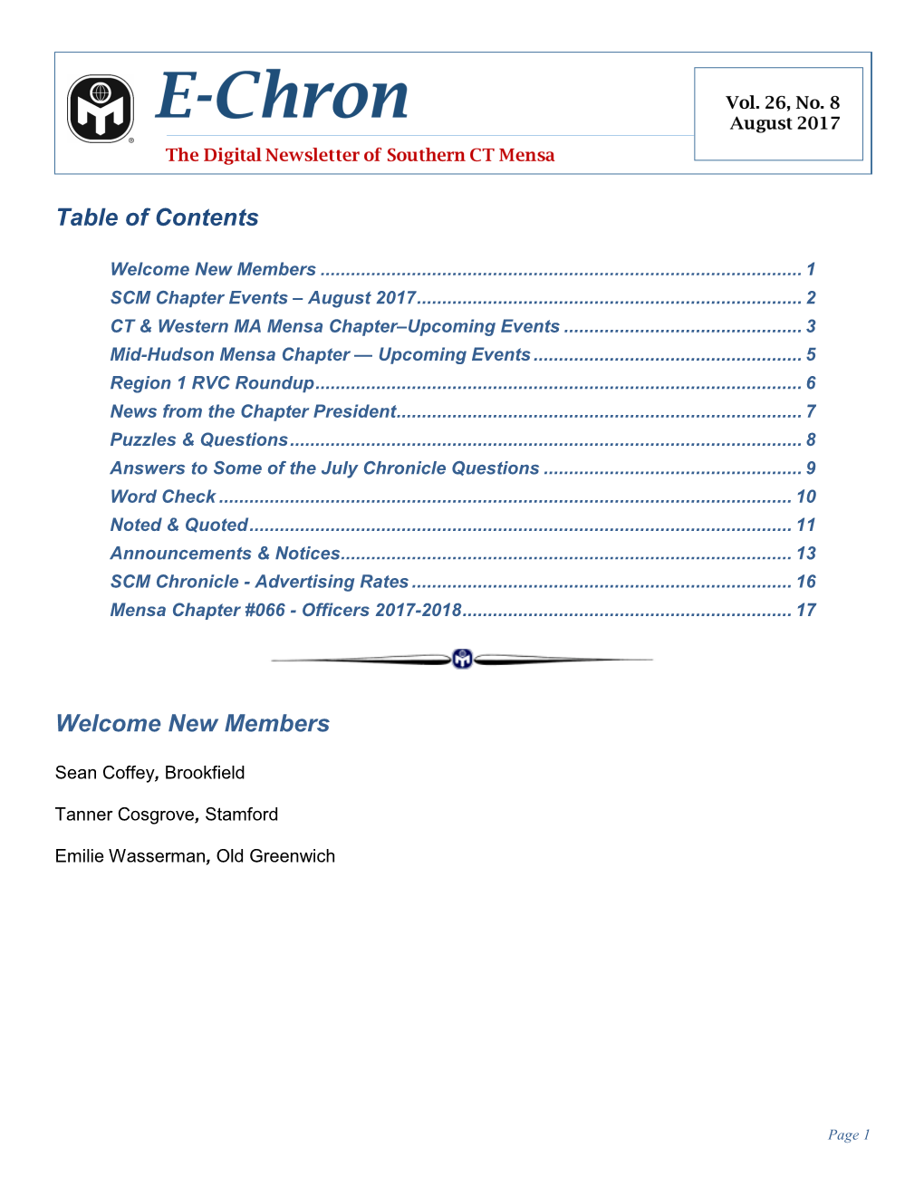 Table of Contents Welcome New Members