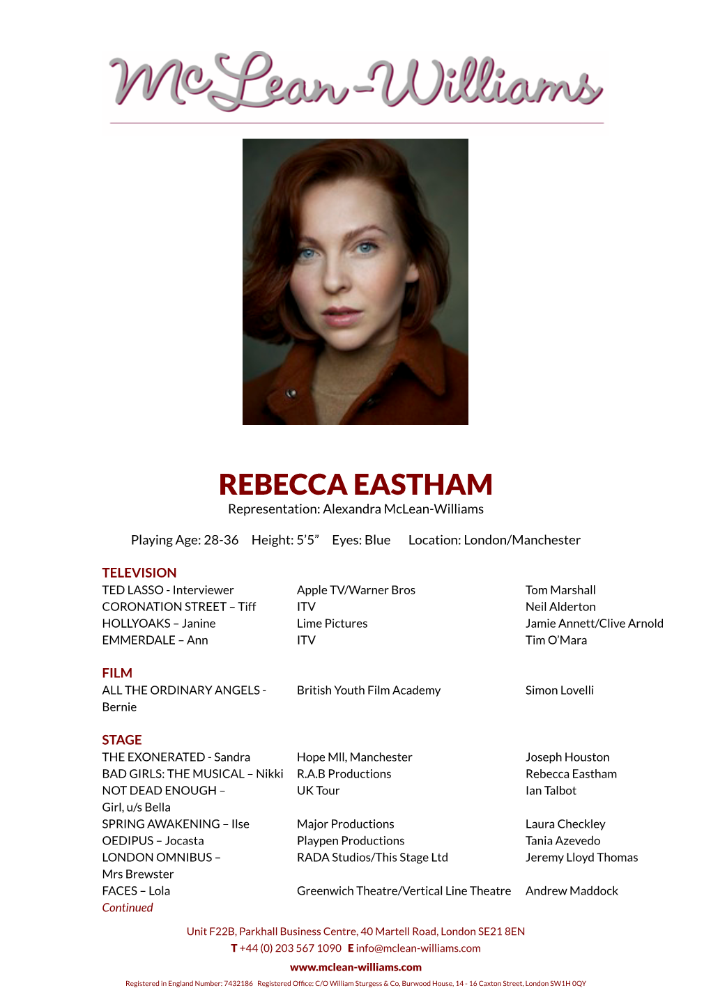 REBECCA EASTHAM Representation: Alexandra Mclean-Williams