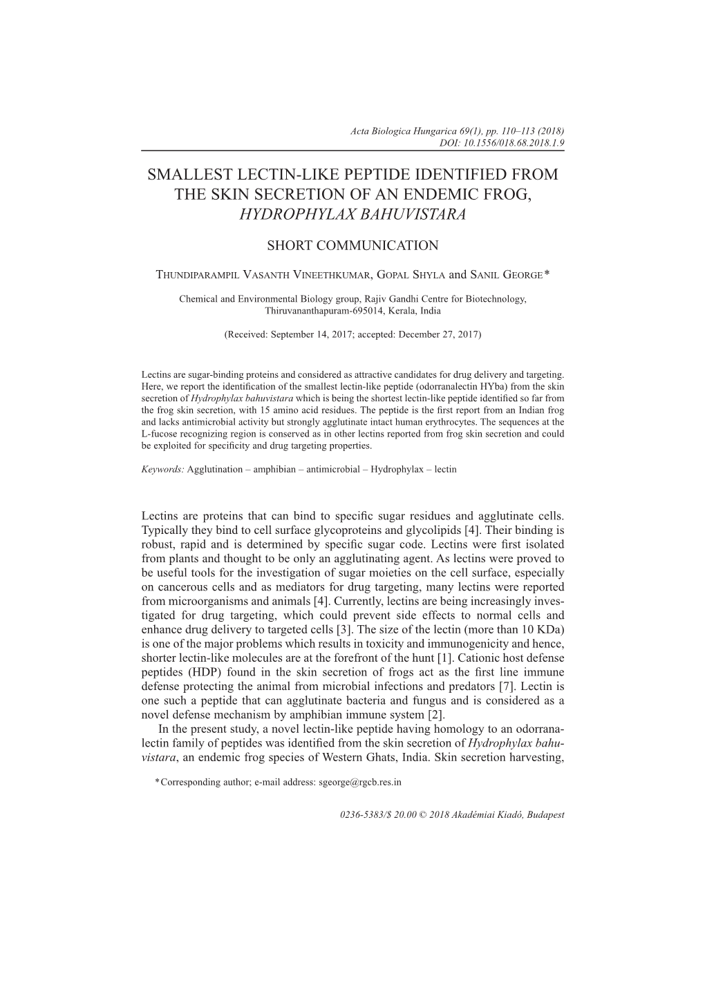 Smallest Lectin-Like Peptide Identified from the Skin Secretion of an Endemic Frog, Hydrophylax Bahuvistara