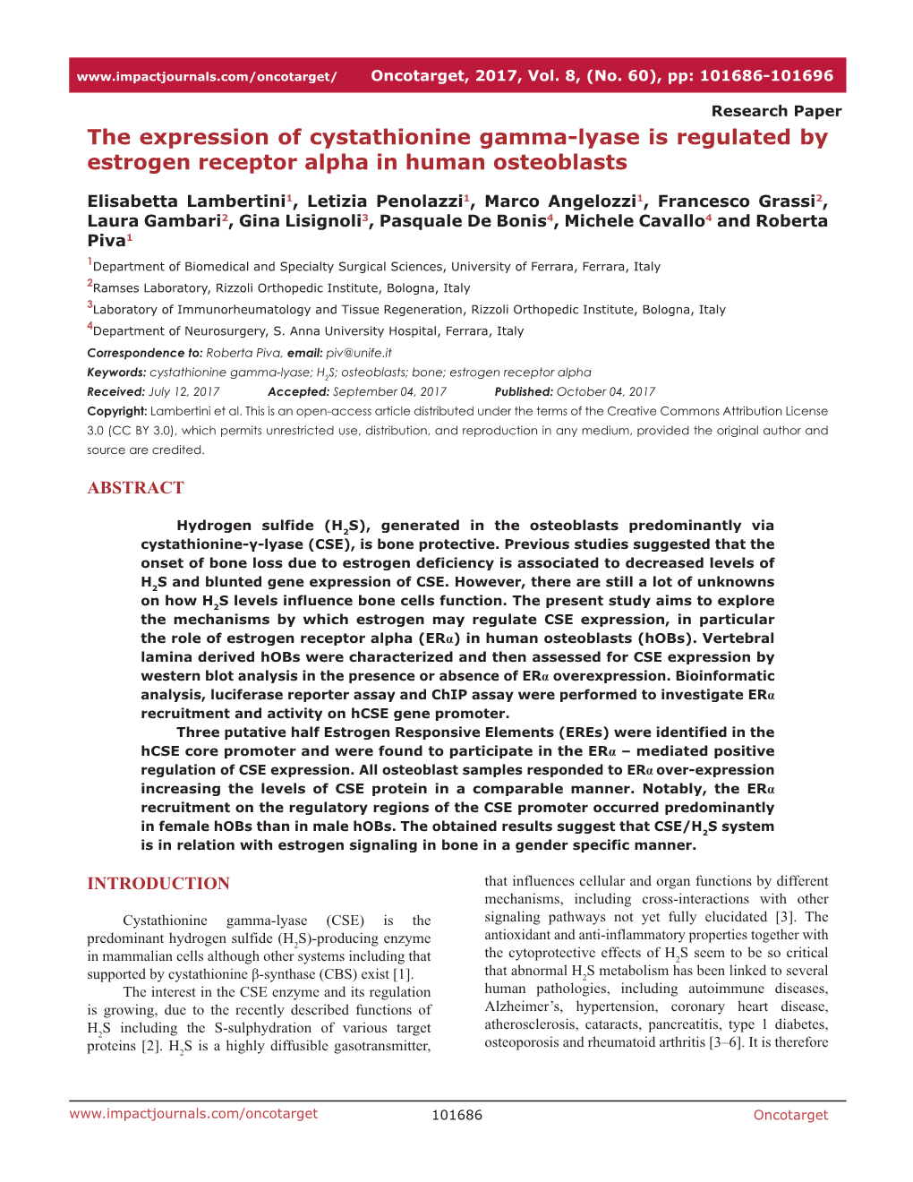 The Expression of Cystathionine Gamma-Lyase Is Regulated by Estrogen Receptor Alpha in Human Osteoblasts