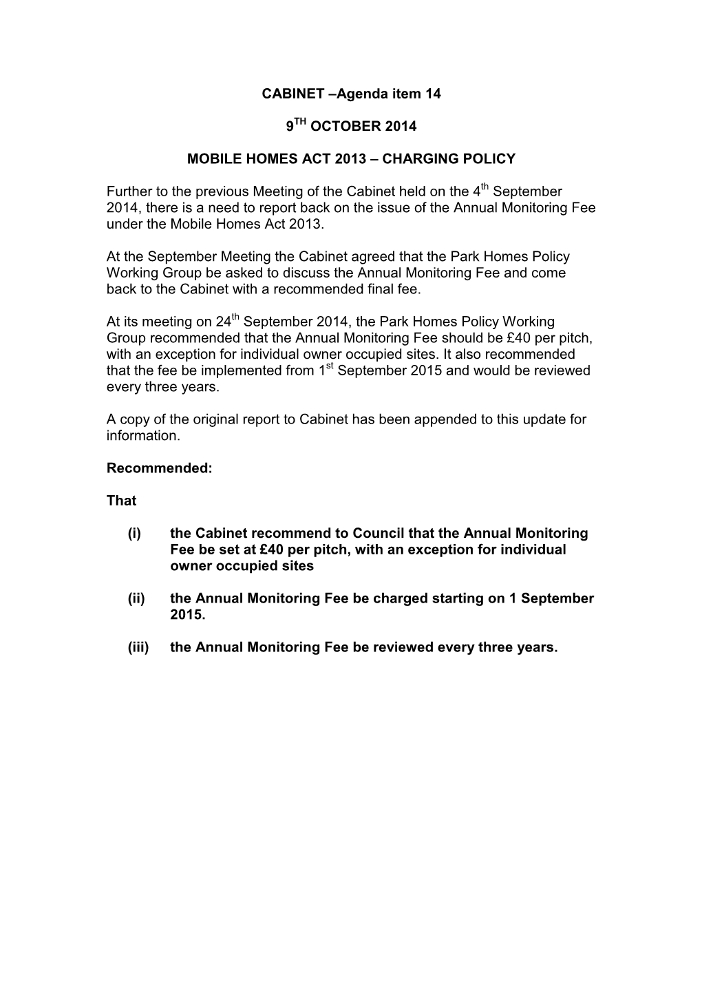 CABINET –Agenda Item 14 9 OCTOBER 2014 MOBILE HOMES