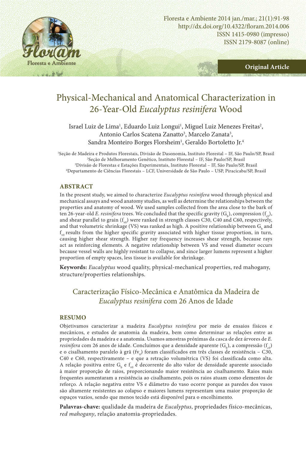 Physical-Mechanical and Anatomical Characterization in 26-Year-Old Eucalyptus Resinifera Wood