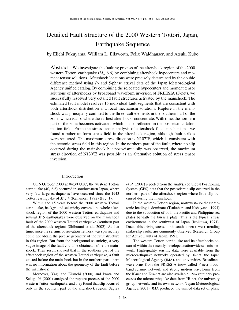 Detailed Fault Structure of the 2000 Western Tottori, Japan, Earthquake Sequence by Eiichi Fukuyama, William L