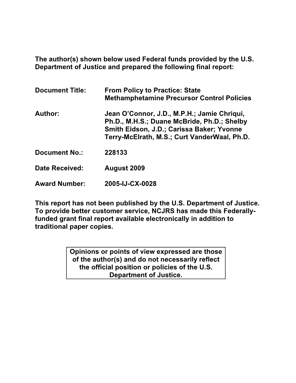 State Methamphetamine Precursor Control Policies