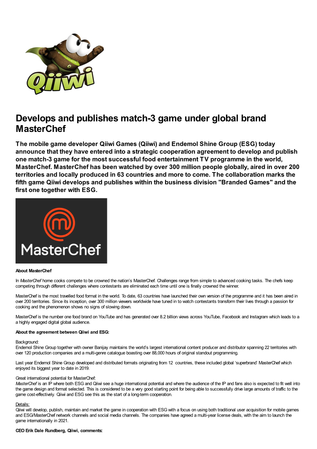 Develops and Publishes Match-3 Game Under Global Brand Masterchef