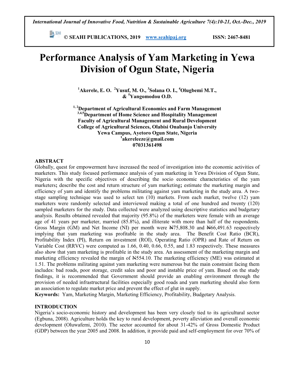 Performance Analysis of Yam Marketing in Yewa Division of Ogun State, Nigeria