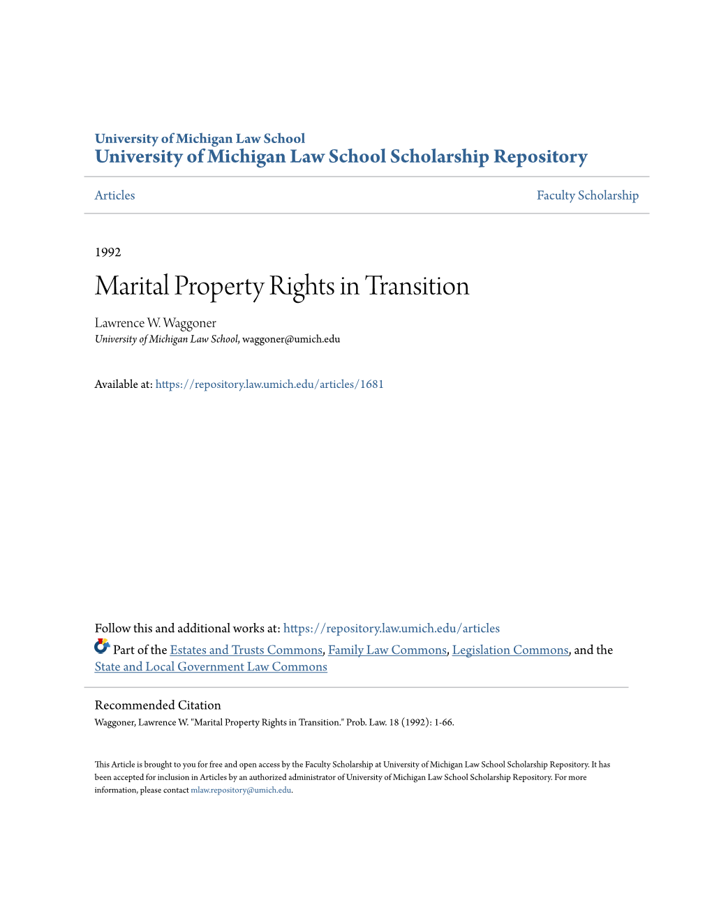 Marital Property Rights in Transition Lawrence W