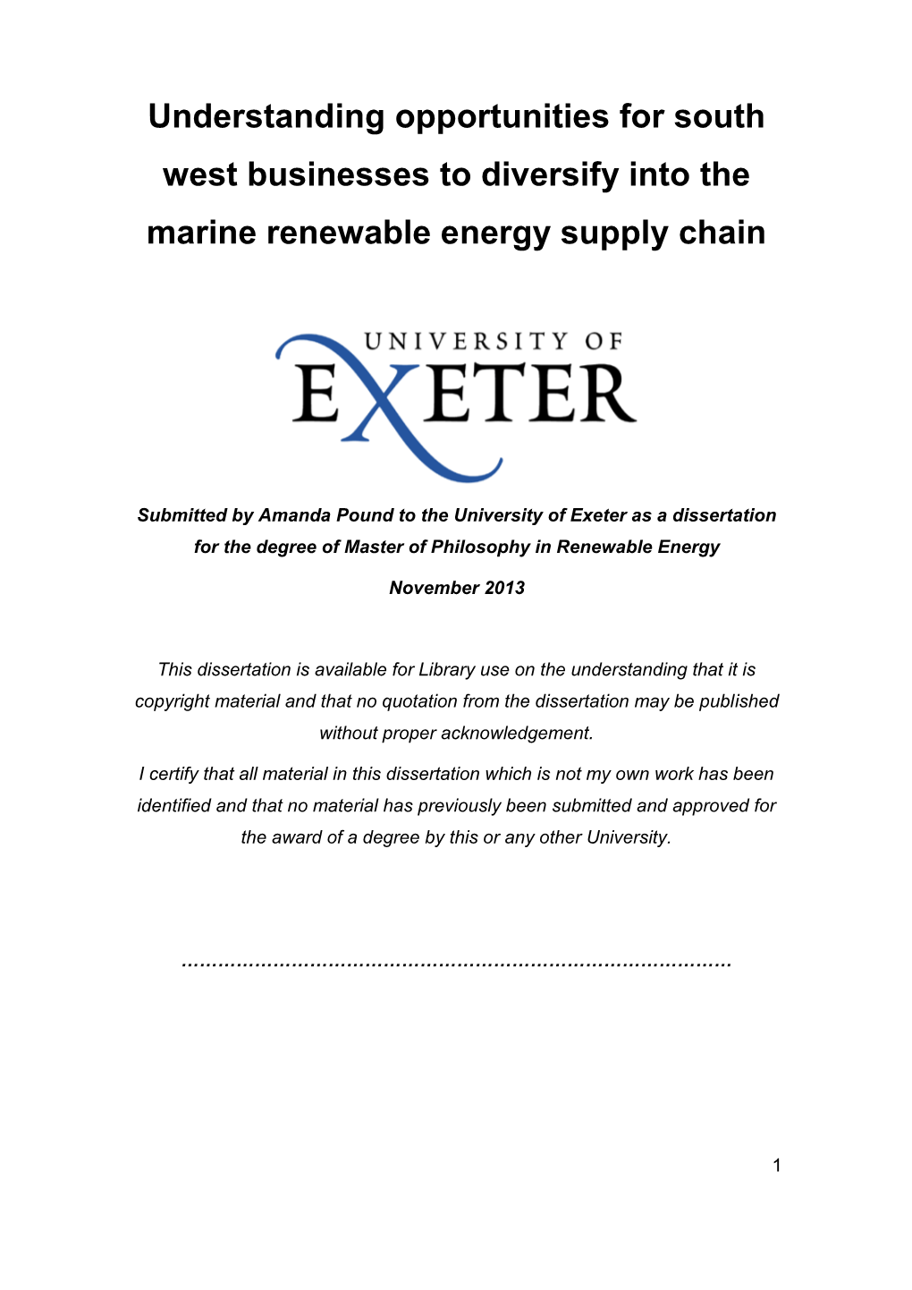 Understanding Opportunities for South West Businesses to Diversify Into the Marine Renewable Energy Supply Chain