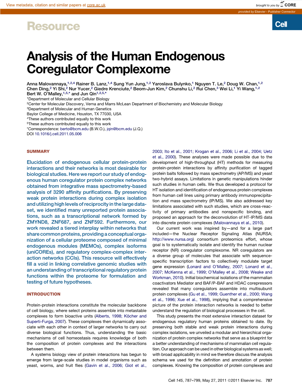 Analysis of the Human Endogenous Coregulator Complexome