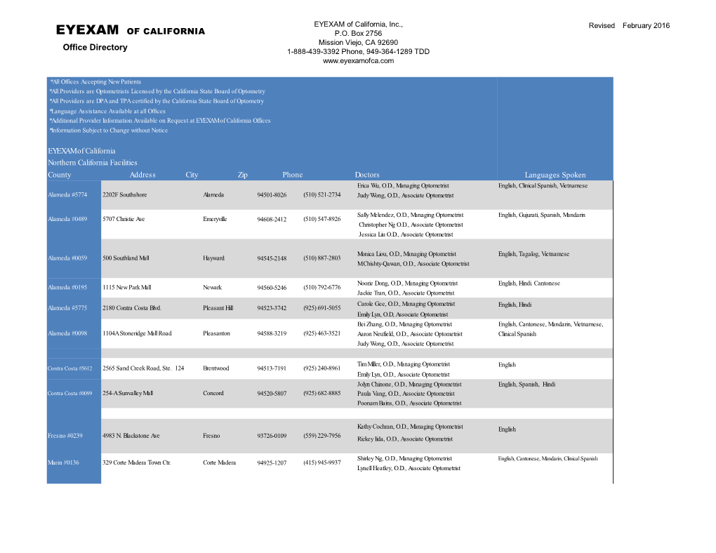 EYEXAM of CALIFORNIA Office Directory