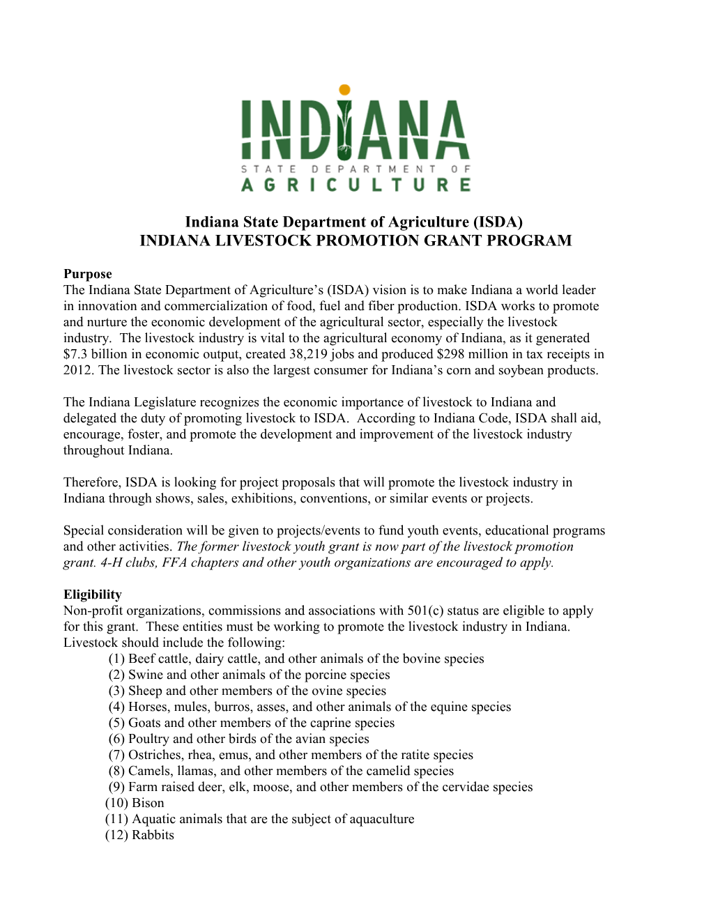 Indiana Livestock Promotion Grant Program