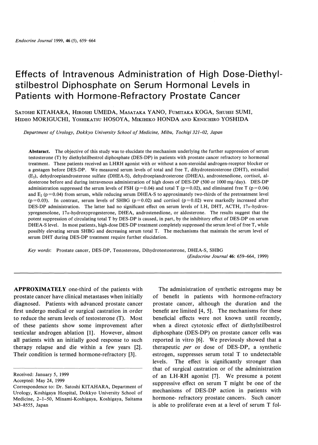 Stilbestrol Diphosphate on Serum Hormonal Levels in Patients with Hormone-Refractory Prostate Cancer