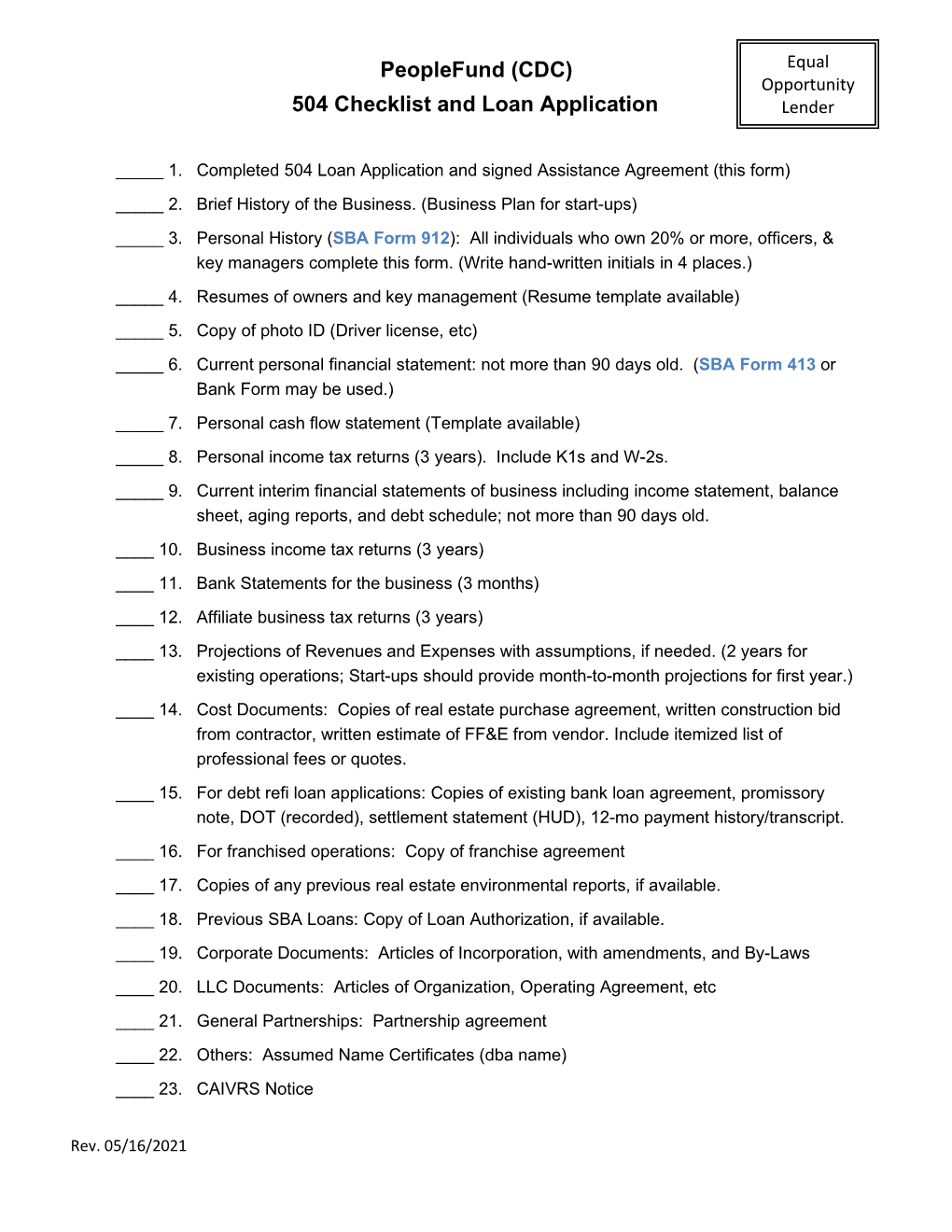 Peoplefund (CDC) 504 Checklist and Loan Application