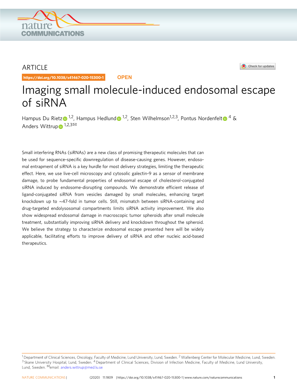 Imaging Small Molecule-Induced Endosomal Escape of Sirna