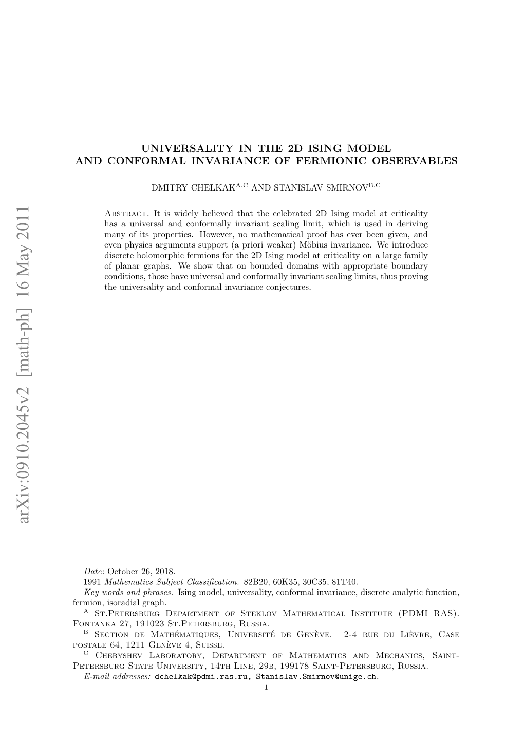 Universality in the 2D Ising Model and Conformal Invariance of Fermionic