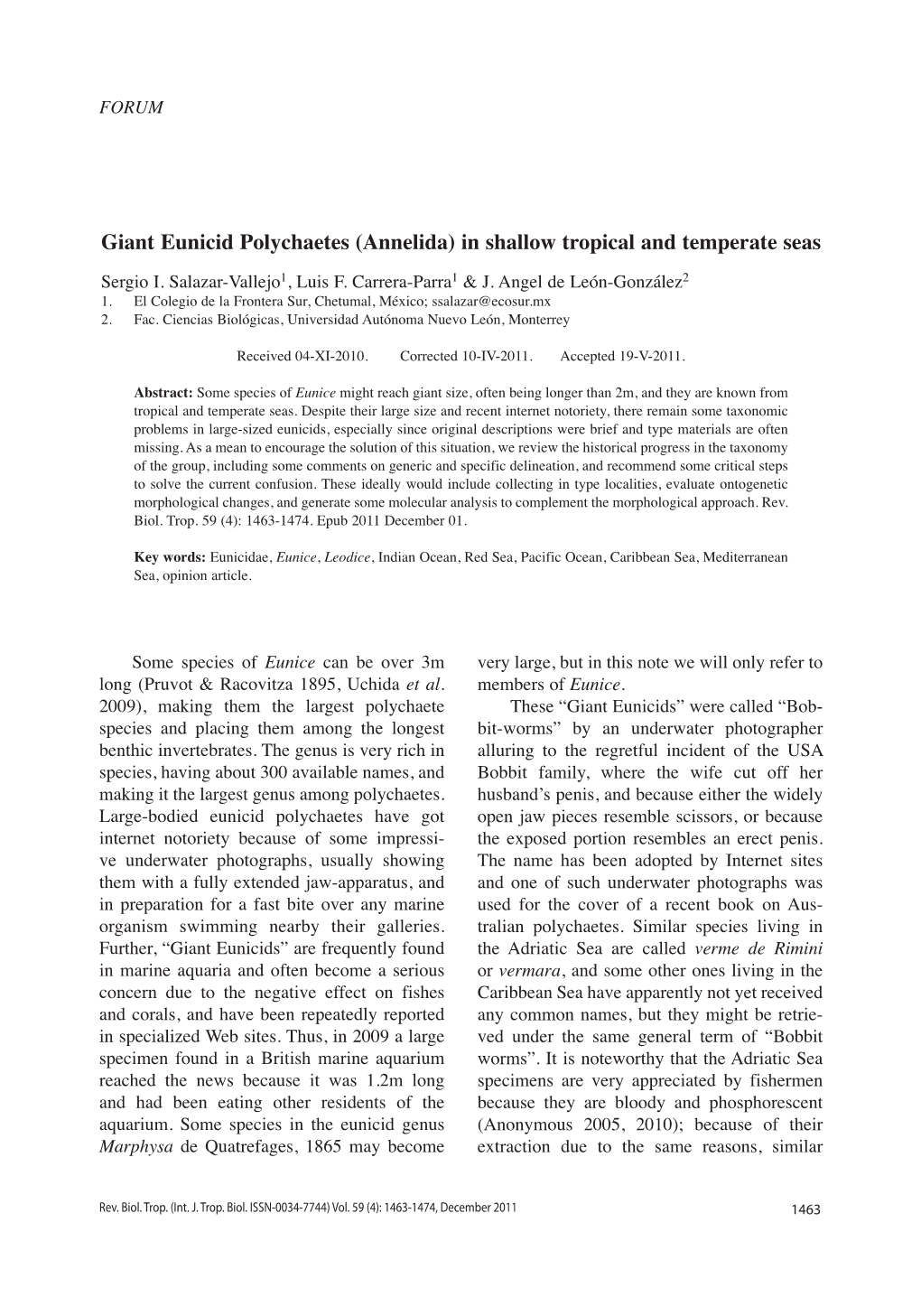 Giant Eunicid Polychaetes (Annelida) in Shallow Tropical and Temperate Seas