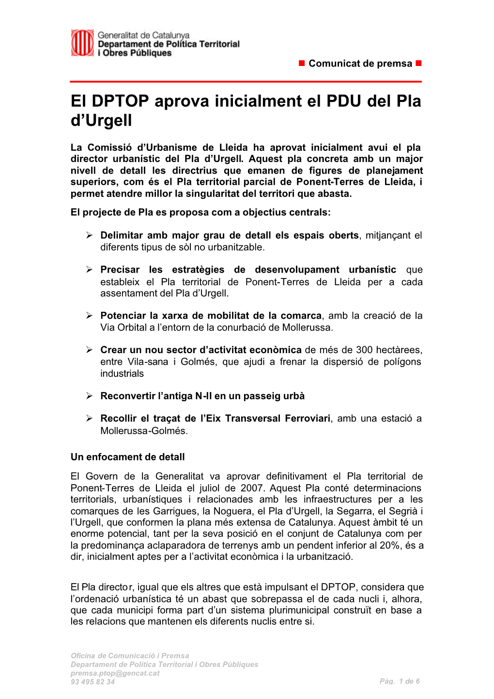 El DPTOP Aprova Inicialment El PDU Del Pla D'urgell