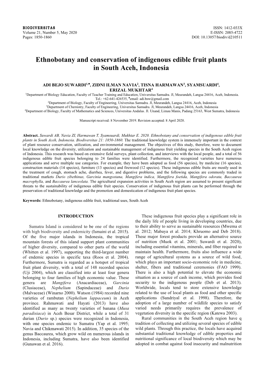 Ethnobotany and Conservation of Indigenous Edible Fruit Plants in South Aceh, Indonesia