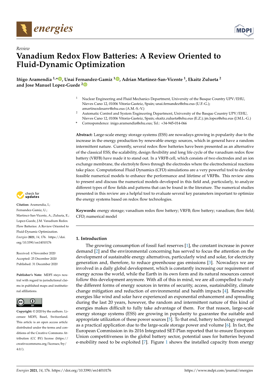 Vanadium Redox Flow Batteries: a Review Oriented to Fluid-Dynamic Optimization