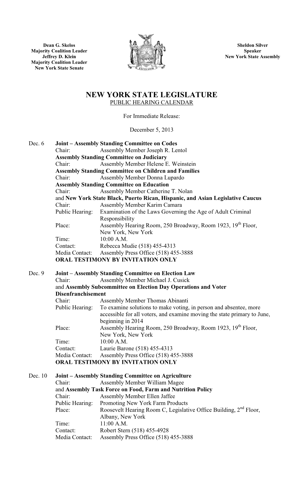 New York State Legislature Public Hearing Calendar