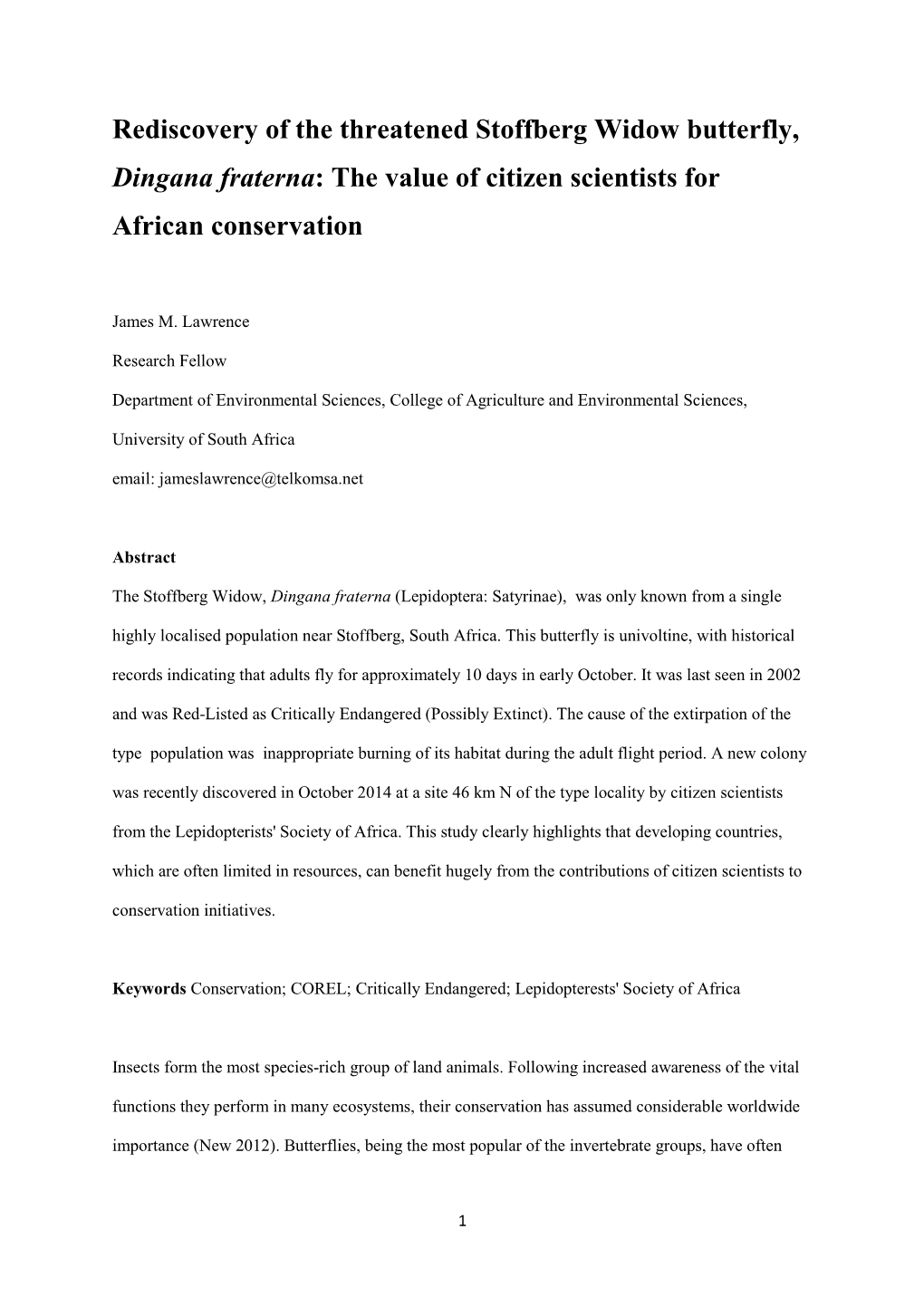 Rediscovery of the Threatened Stoffberg Widow Butterfly, Dingana Fraterna: the Value of Citizen Scientists for African Conservation