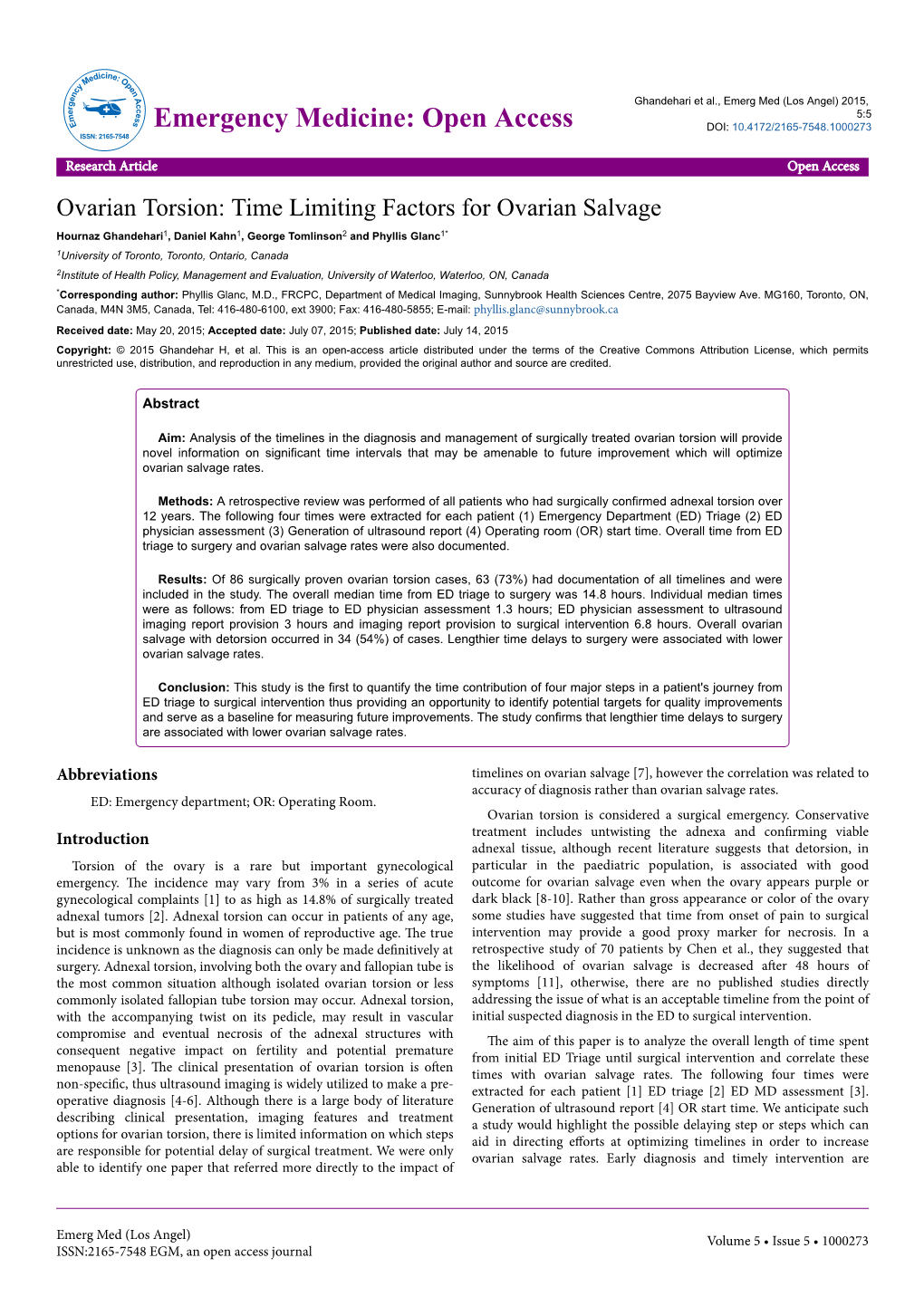 Ovarian Torsion: Time Limiting Factors for Ovarian Salvage